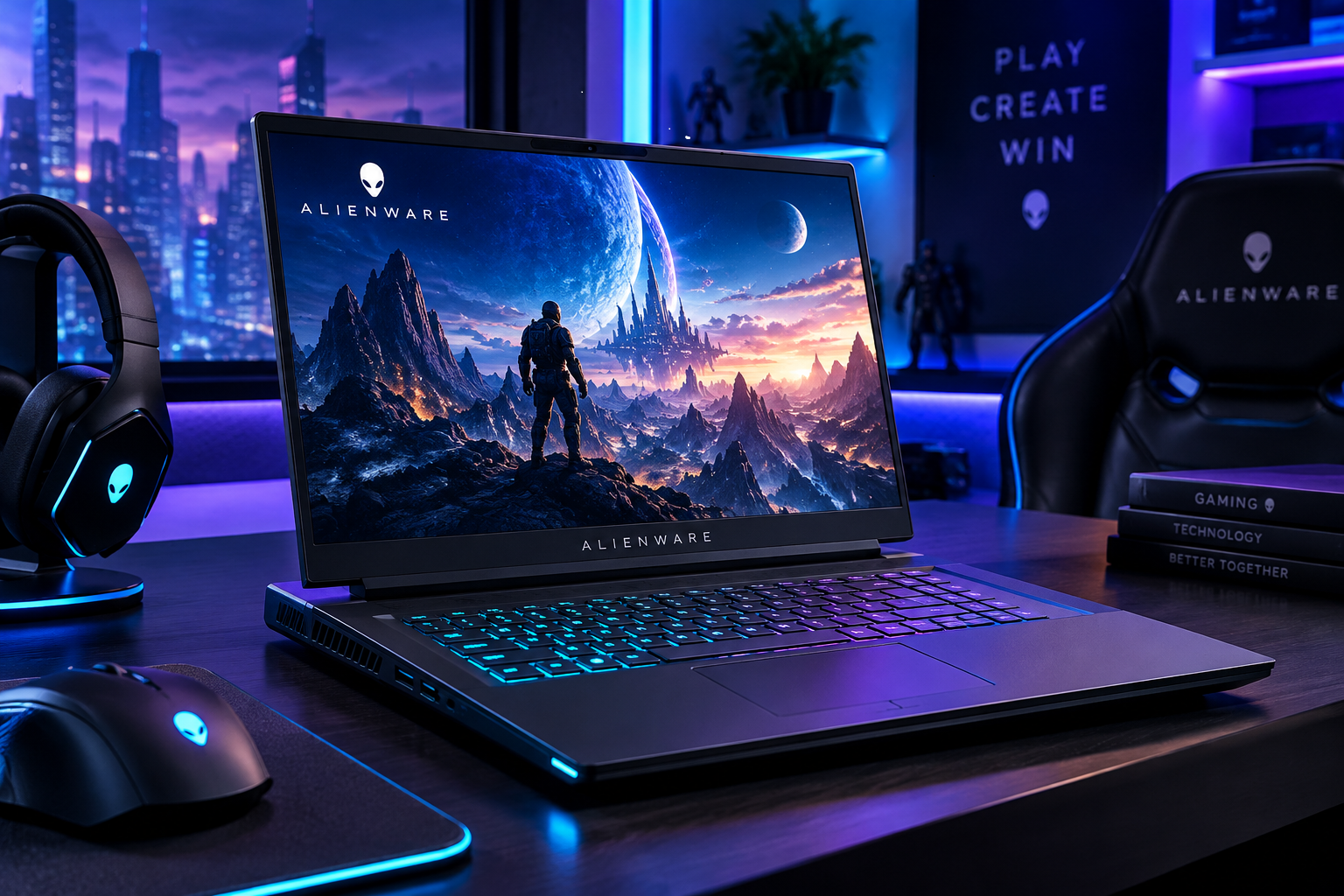 Alienware gaming laptop with RGB keyboard in a futuristic gaming setup