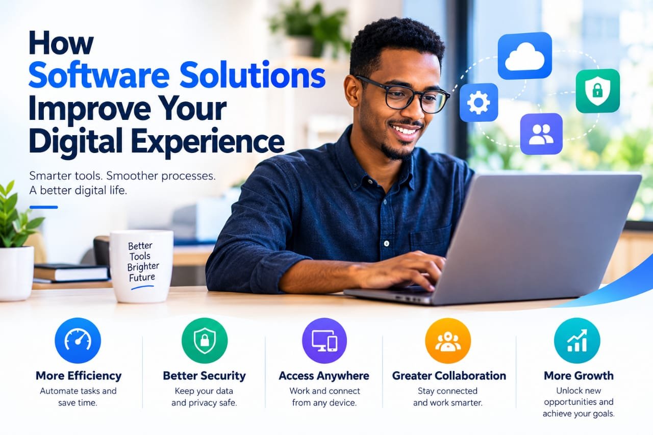 A professional using a laptop while software icons representing cloud services, security, settings, and collaboration appear around him, illustrating how software solutions improve efficiency, security, accessibility, collaboration, and digital experiences.